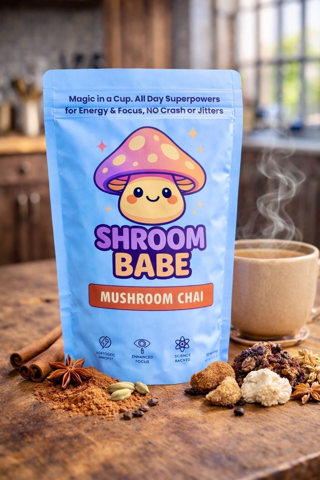 ShroomBabe mushroom chai latte with frothed milk and cinnamon.