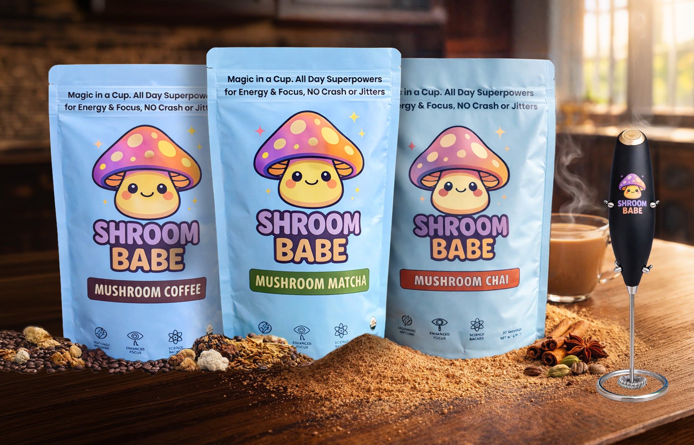 The ShroomBabe collection: Mushroom coffee, matcha, chai, and gold milk frother.